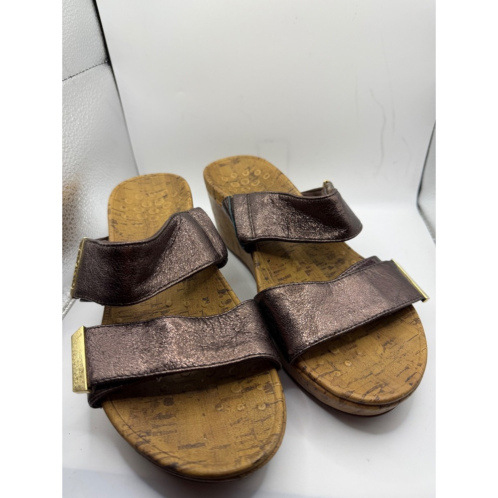 Vionic Womens Bronze Metallic Leather Cork Wedge Platform Slide Sandals Size 7